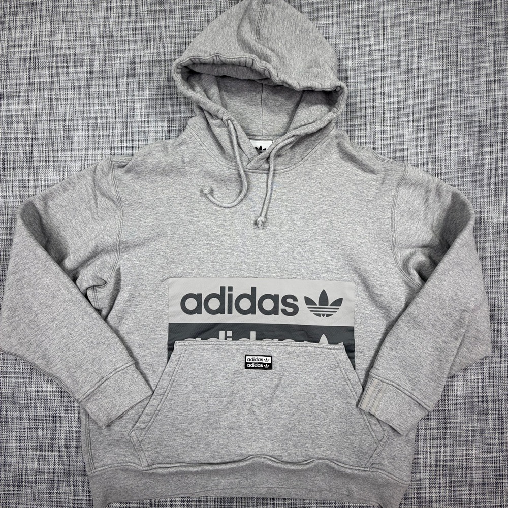 adidas Mens Originals Trefoil Hoodie L Gray Cotton Pullover Kangaroo Pocket
